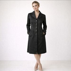 Nine West Black Trench Coat Rain Tailored Fit  Notched Lapel ruffle trim Sz M